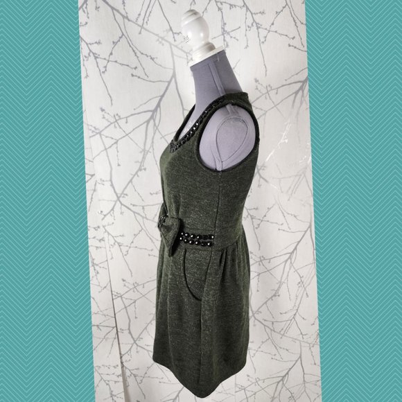 Yumi Dark Green Beaded Bow Front Fit & Flare Dress - Picture 4 of 6